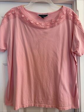 Karen Scott Pink Crochet Yoke Short Sleeve Tee
